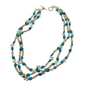 Vintage Turquoise Rice Beaded Necklace Coral Pearls Multi Strand 925 Sterling